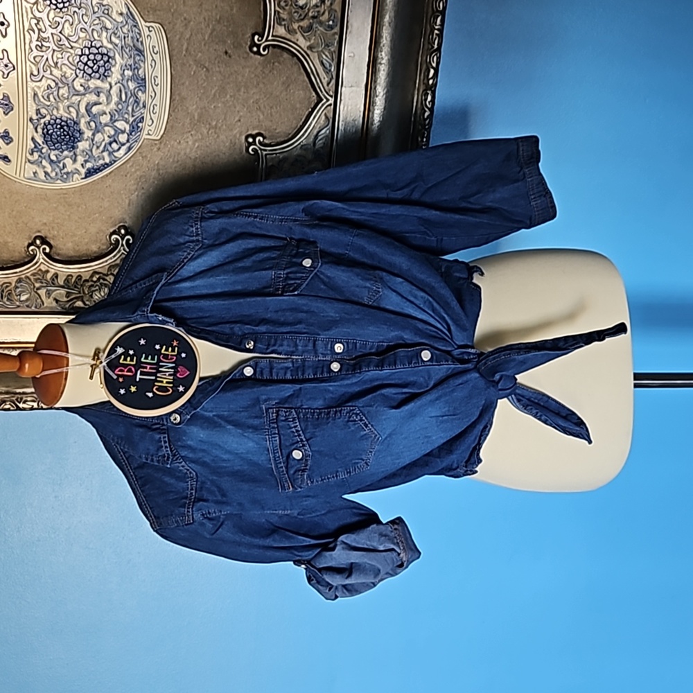 Denim Crop Top Tie Knot 3/4 Sleeve